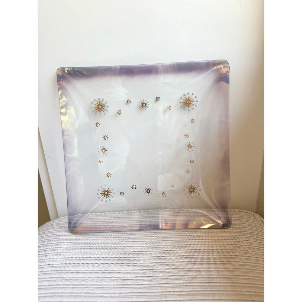 Vintage Glama Square Plate Atomic Starbursts in Metallic Gold Purple Edges